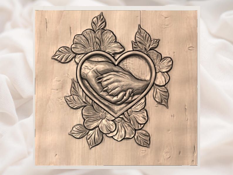 Hand Holding Dog Paw in a Floral Heart Bas-Relief STL bas-relief STL — view 3