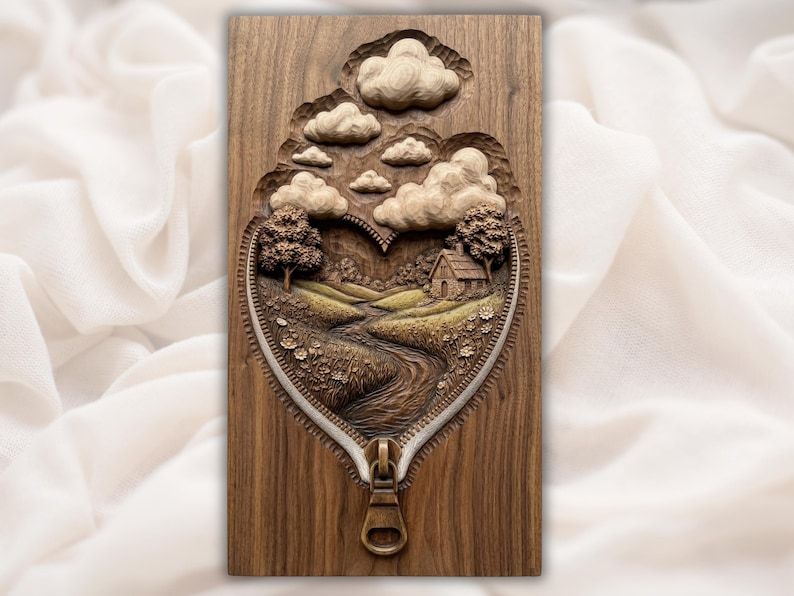 Carved wood relief of a zipper opening a heart to reveal hills, a river, trees, a cottage and clouds.