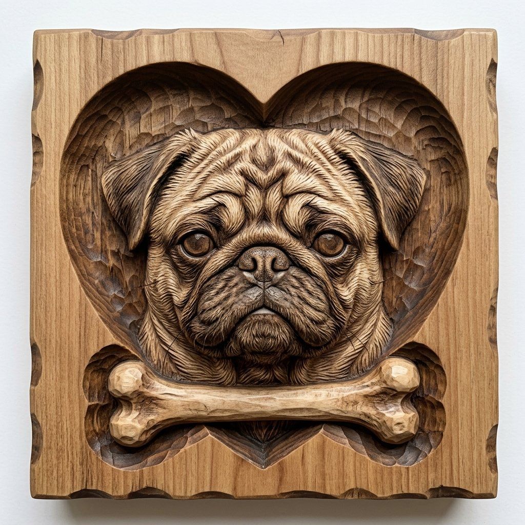 Heartfelt Pug Dog Memorial Portrait CNC Relief STL | Pet Lover Wood Carving Design | Personalized Canine Wall Art Panel — carved bas relief STL file for CNC