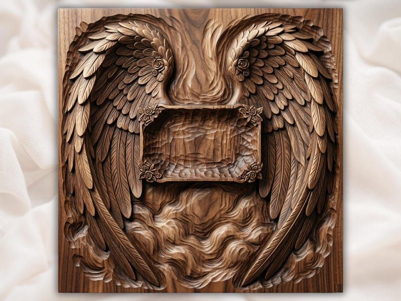 Carved wood relief of angel wings opening around a blank center plaque with clouds below and feather detail.