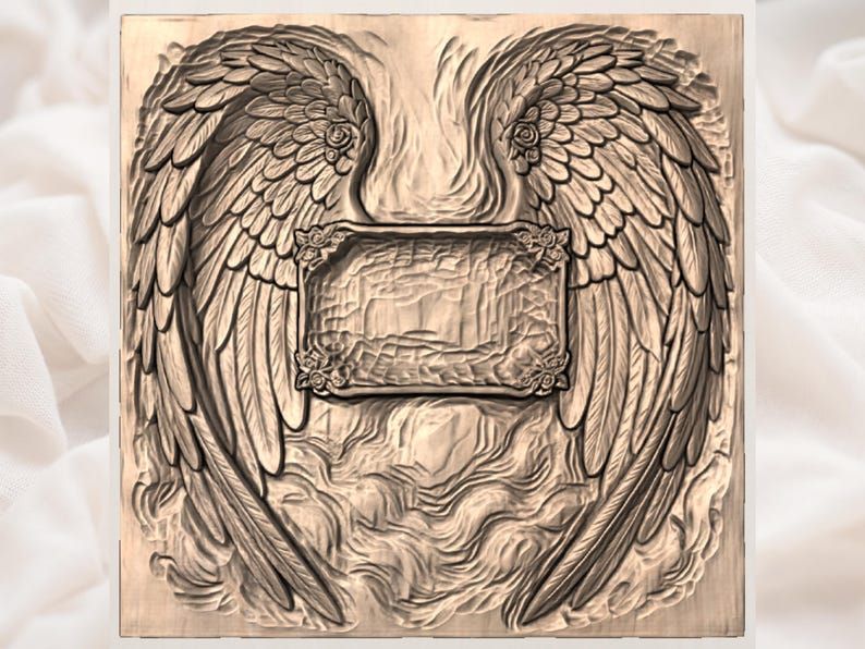 Angel Wings Memorial Plaque Relief with Blank Center Panel STL bas-relief STL — view 2