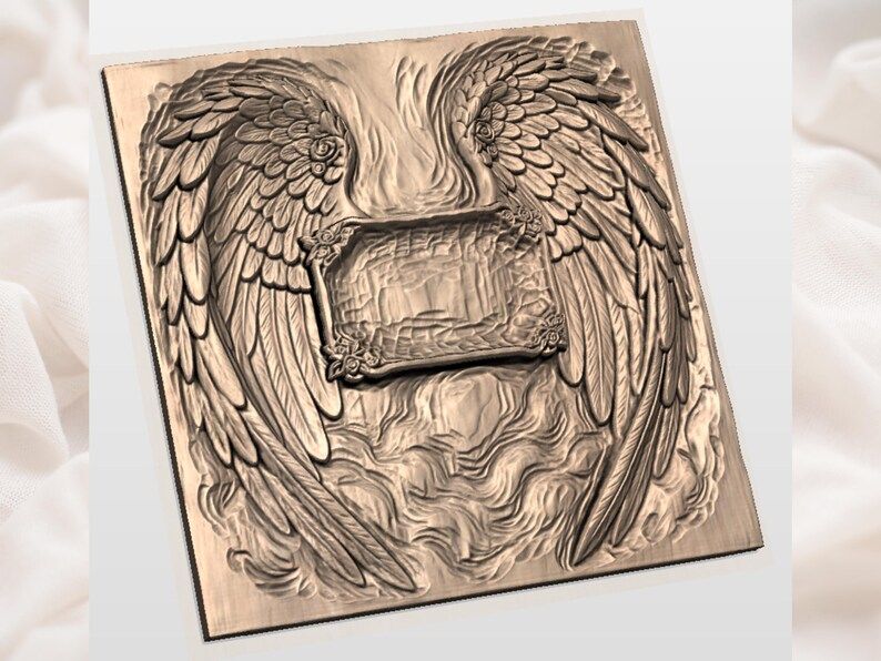 Angel Wings Memorial Plaque Relief with Blank Center Panel STL bas-relief STL — view 3