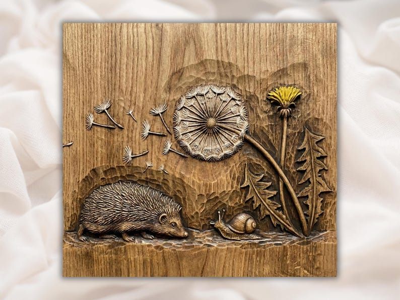 Carved wood relief of a hedgehog, snail, and dandelion with seeds blowing away on a grain-textured panel.