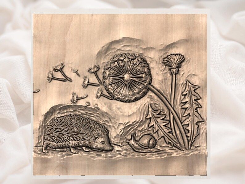 Hedgehog and Dandelion Bas-Relief STL for CNC Carving bas-relief STL — view 2