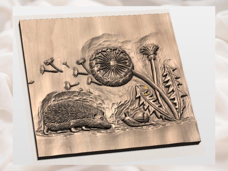 Hedgehog and Dandelion Bas-Relief STL for CNC Carving bas-relief STL — view 3