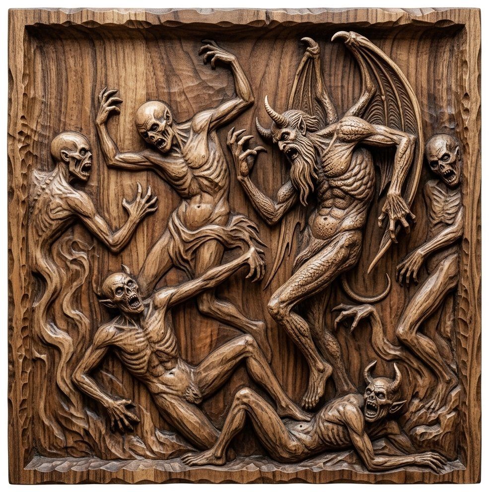 Hellish Demon Horde Battle Scene CNC Relief STL | Macabre Wall Art Panel | Gothic Wood Carving Design | Dark Fantasy Decor — carved bas relief STL file for CNC
