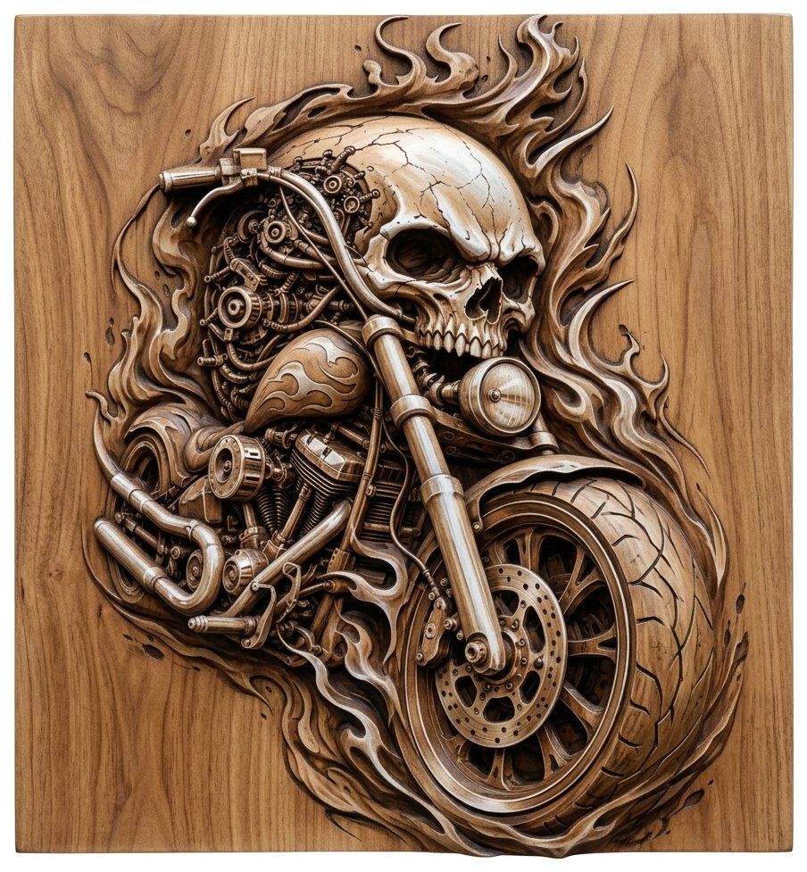 Hellrider Skull Motorcycle Engine Wood Panel bas-relief STL — view 3
