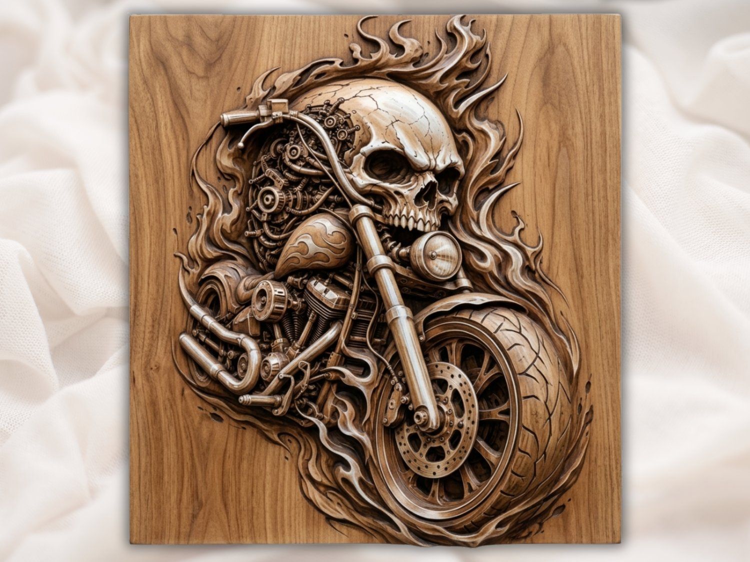 Hellrider Skull Motorcycle Engine Wood Panel bas-relief STL design