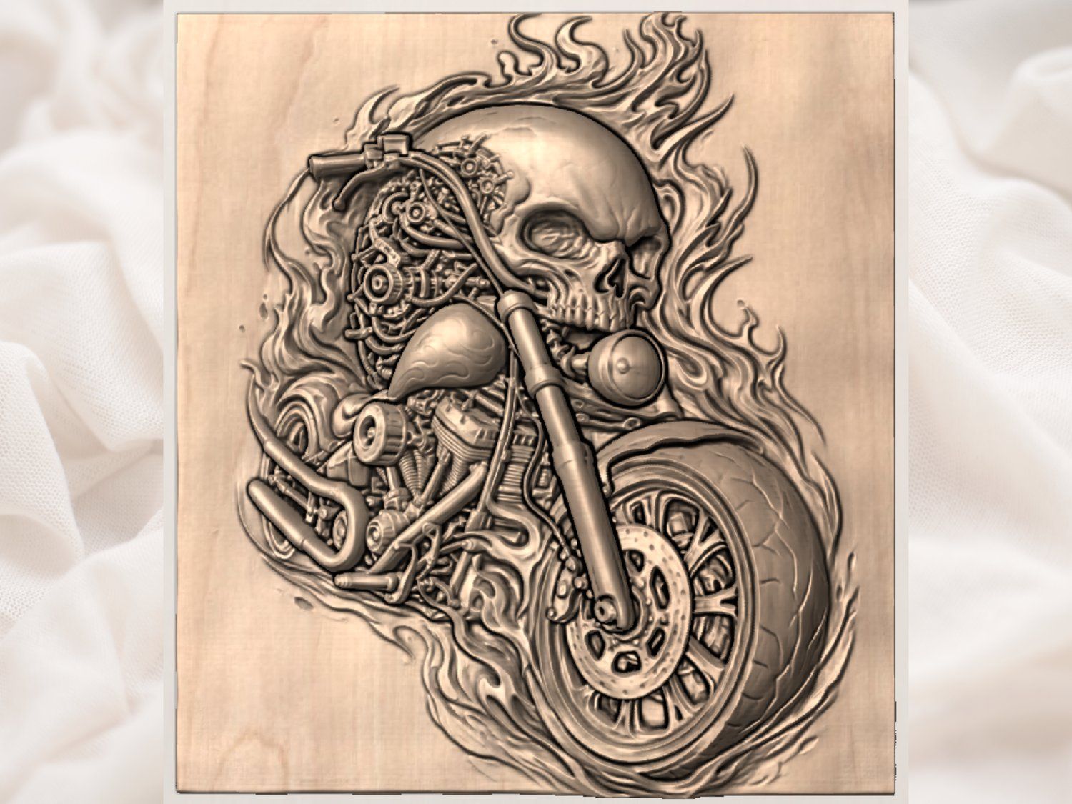 Hellrider Skull Motorcycle Engine Wood Panel bas-relief STL — view 4