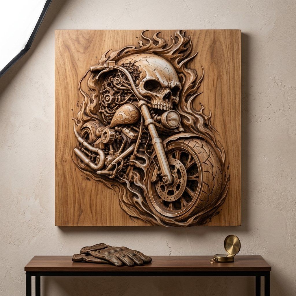 Hellrider Skull Motorcycle Engine Wood Panel bas-relief STL — view 6