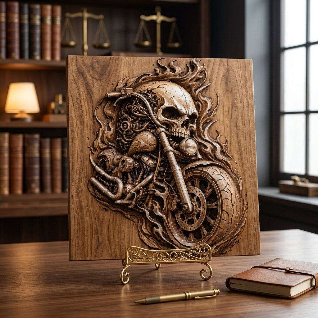 Hellrider Skull Motorcycle Engine Wood Panel bas-relief STL — view 7
