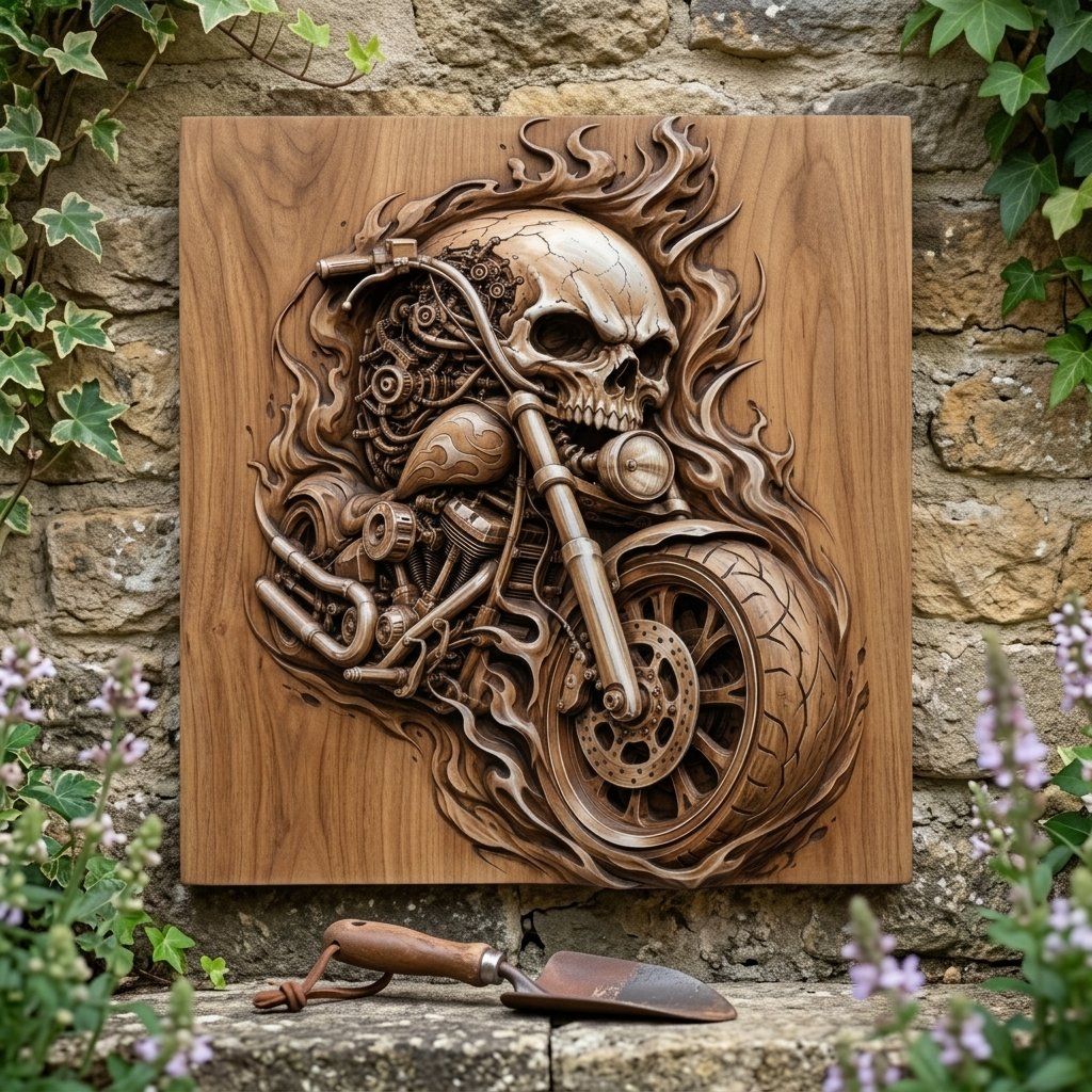 Hellrider Skull Motorcycle Engine Wood Panel bas-relief STL — view 8
