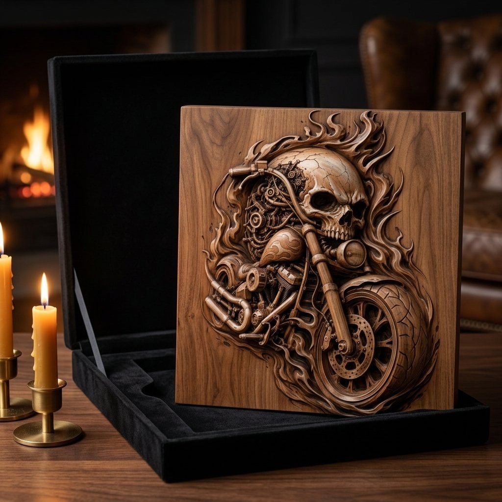 Hellrider Skull Motorcycle Engine Wood Panel bas-relief STL — view 9