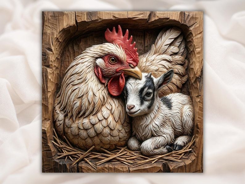 Carved bas-relief of a white hen and a spotted baby goat resting together in straw inside a wood frame