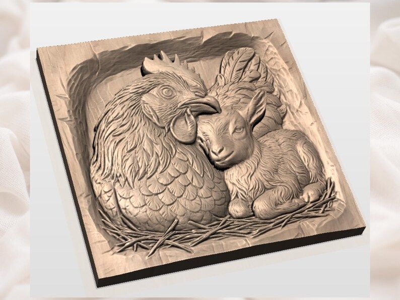 Hen and Baby Goat Resting in Straw Bas-Relief STL bas-relief STL — view 2