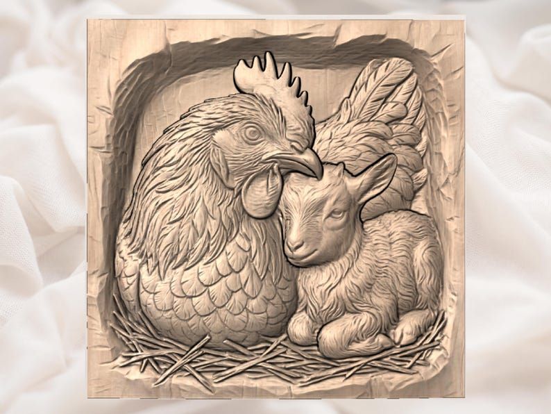 Hen and Baby Goat Resting in Straw Bas-Relief STL bas-relief STL — view 3