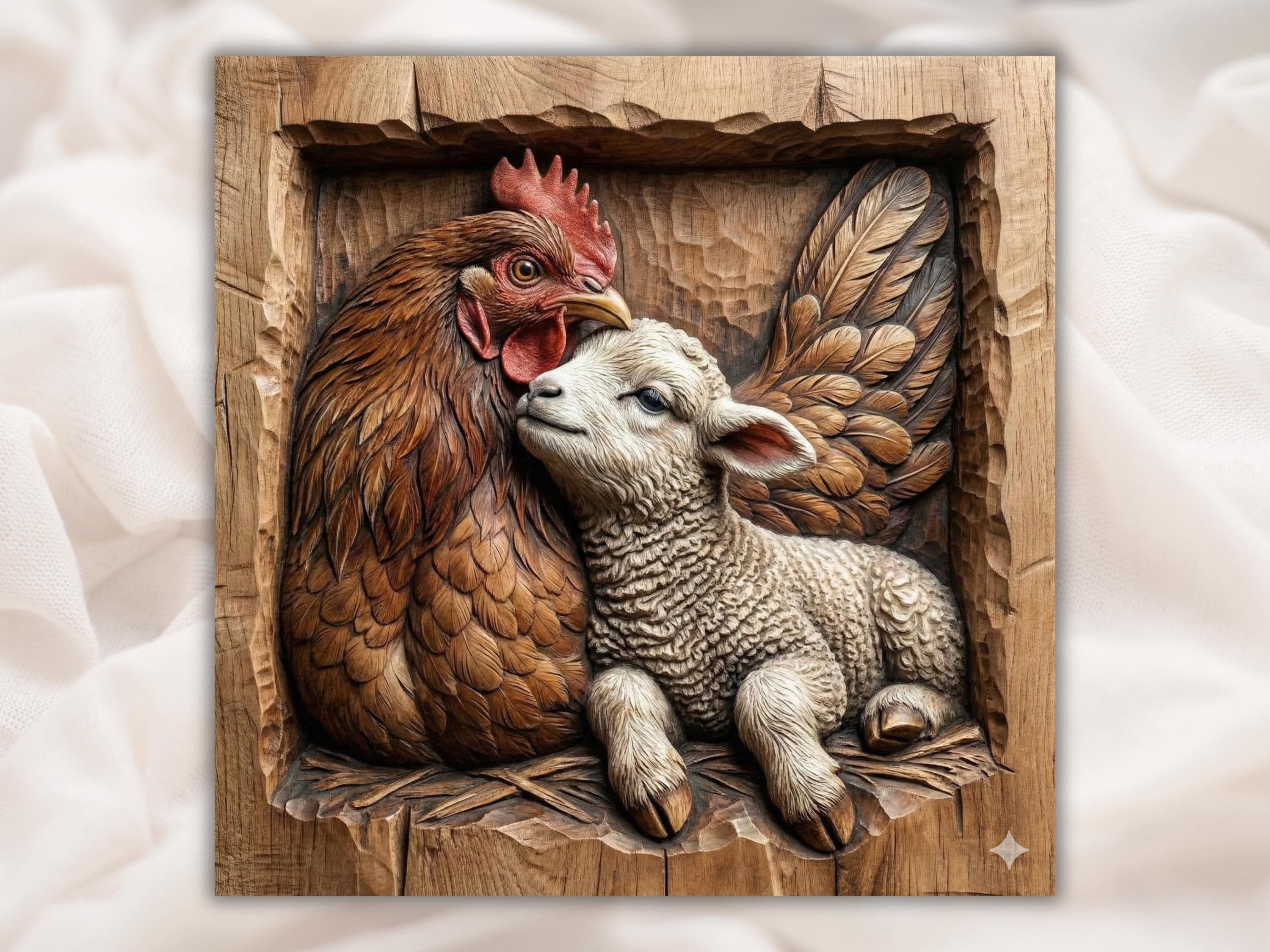 Bas-relief wood carving of a hen resting her head over a curly-wooled lamb in a rustic timber frame