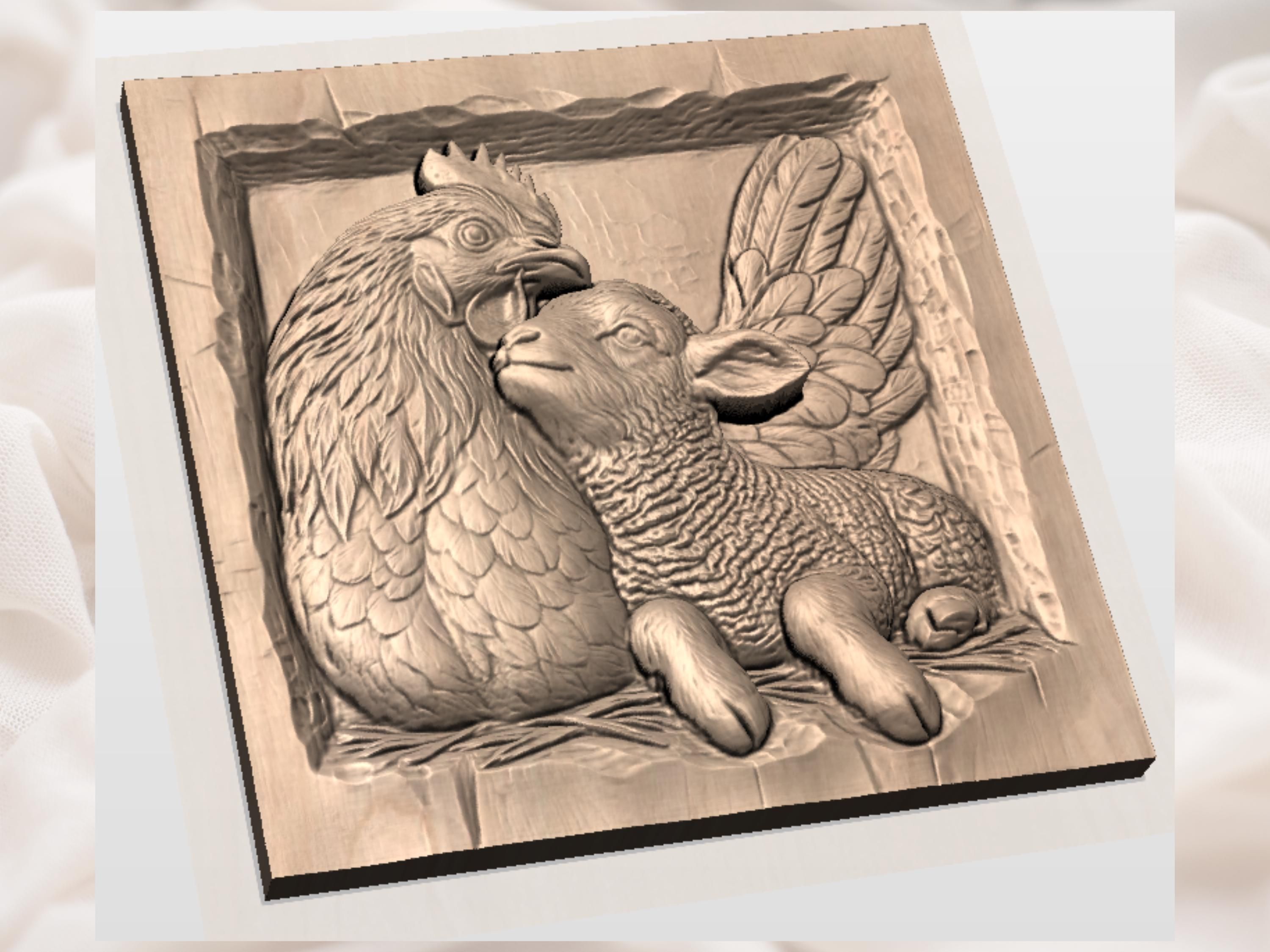 Hen and Lamb Cuddle Bas-Relief STL for CNC Carving bas-relief STL — view 2