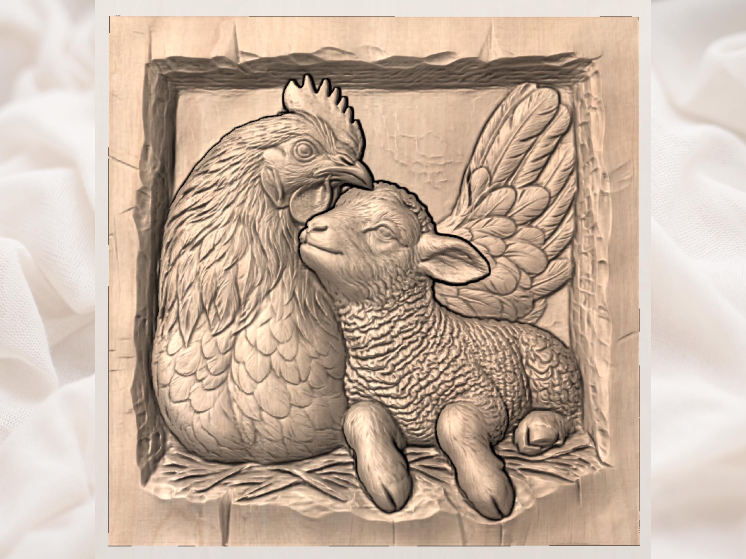 Hen and Lamb Cuddle Bas-Relief STL for CNC Carving bas-relief STL — view 3