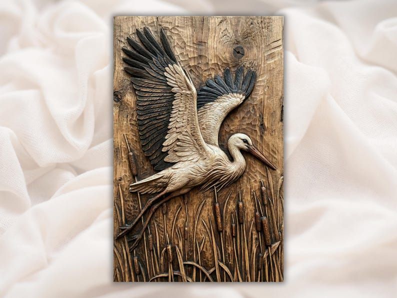 Bas-relief wood carving of a stork flying with wings spread over cattail reeds.
