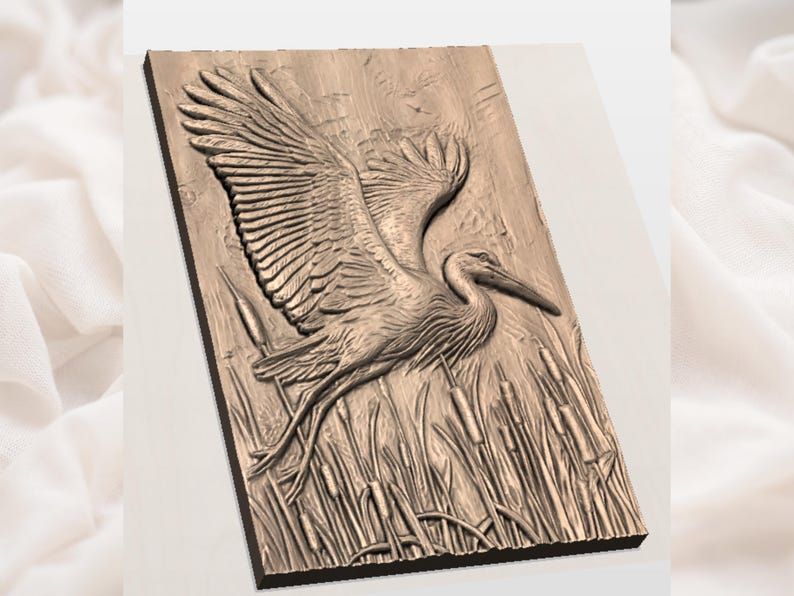 Flying Stork Over Cattails Bas-Relief STL for CNC and 3D Print bas-relief STL — view 2
