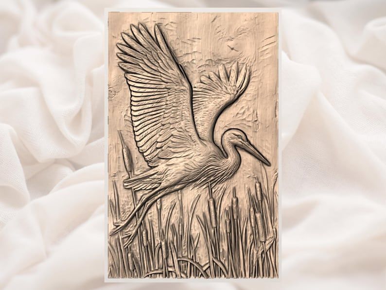 Flying Stork Over Cattails Bas-Relief STL for CNC and 3D Print bas-relief STL — view 3