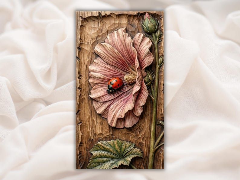 Bas-relief wood carving of a pink hollyhock flower with a red ladybug, a bud, and a leaf.