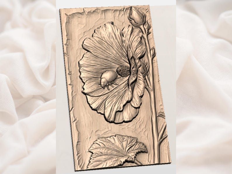 Hollyhock Bloom and Ladybug Bas-Relief STL Carving bas-relief STL — view 2
