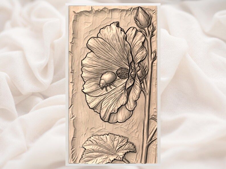 Hollyhock Bloom and Ladybug Bas-Relief STL Carving bas-relief STL — view 3