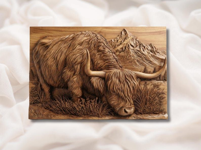 Carved wood bas-relief of a shaggy Highland cow grazing with a mountain peak and grasses behind it