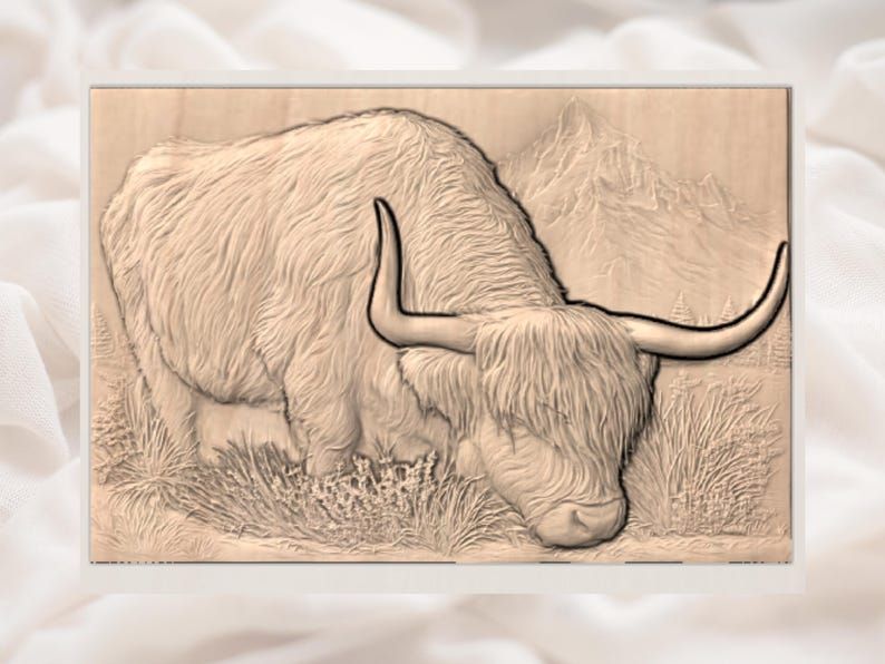 Highland Cow Grazing Below the Mountains Bas-Relief STL bas-relief STL — view 2