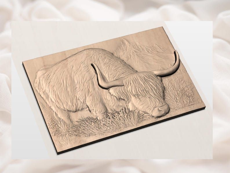 Highland Cow Grazing Below the Mountains Bas-Relief STL bas-relief STL — view 3
