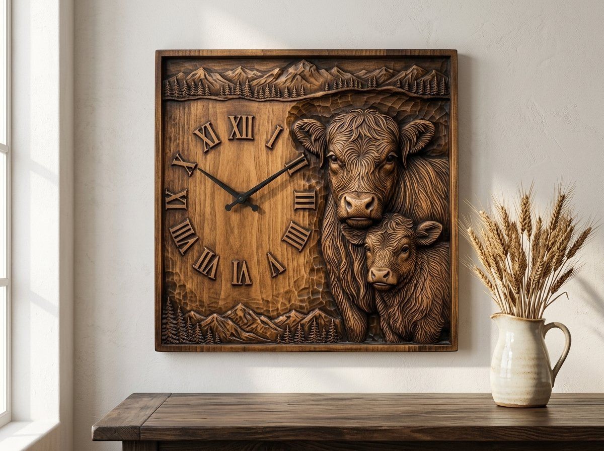 Highland  Cow and Calf Clock CNC Relief STL bas-relief STL — view 10