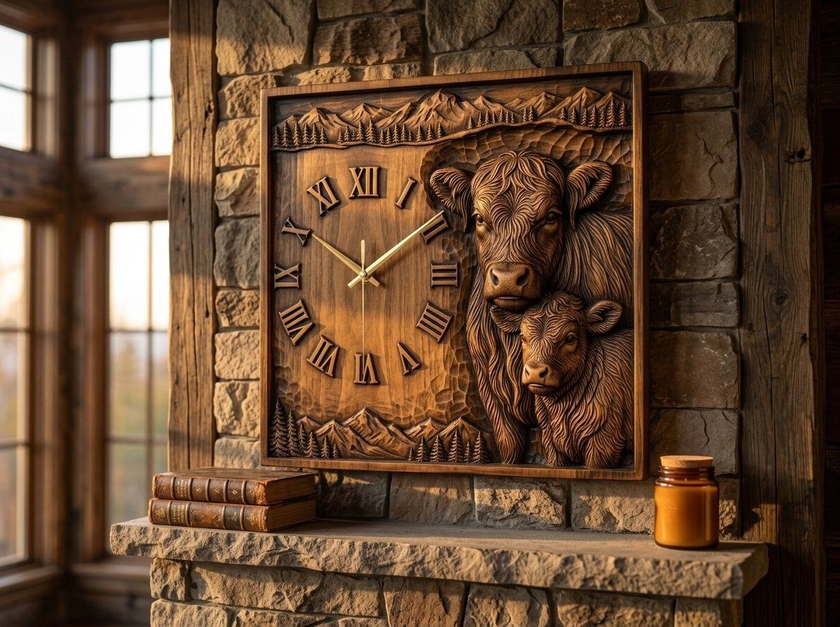Highland  Cow and Calf Clock CNC Relief STL bas-relief STL — view 11