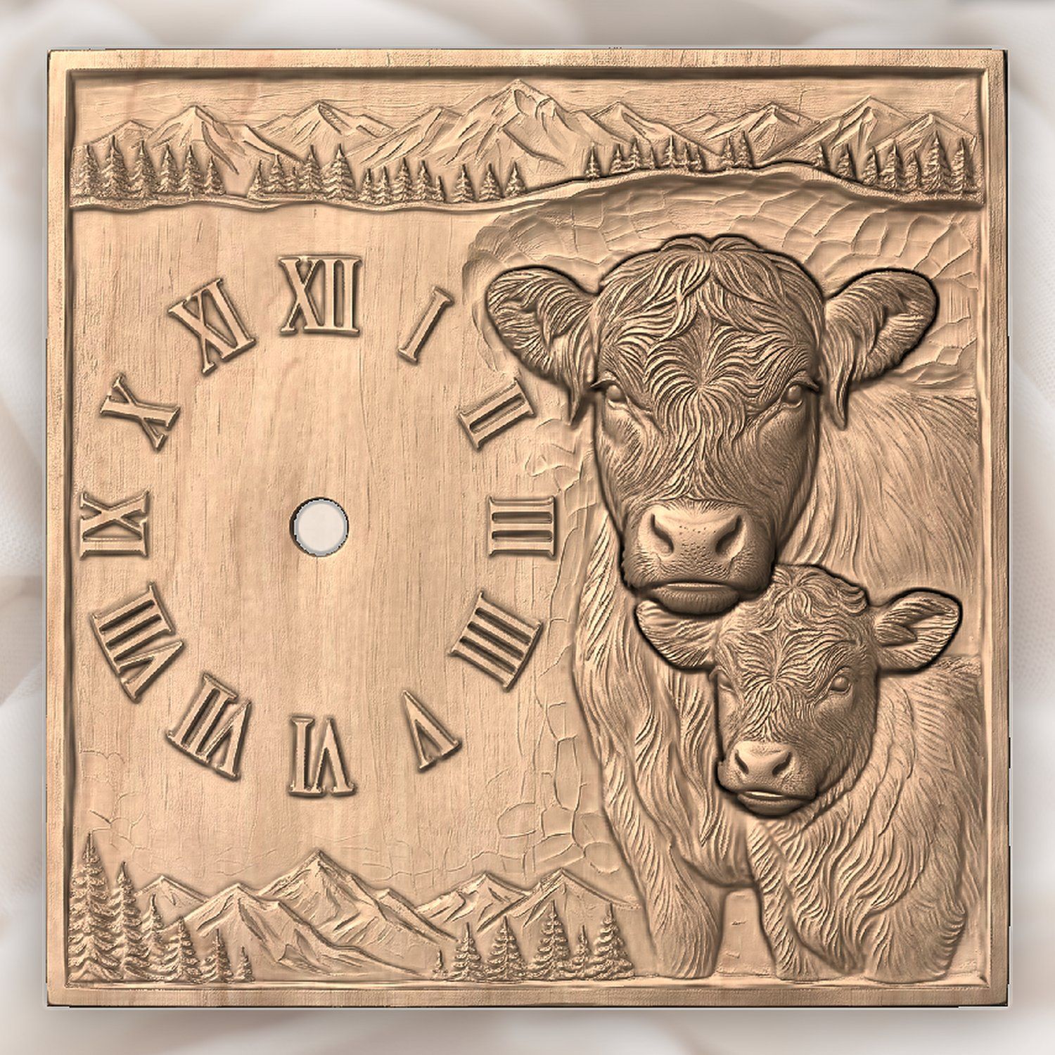 Highland  Cow and Calf Clock CNC Relief STL bas-relief STL — view 3