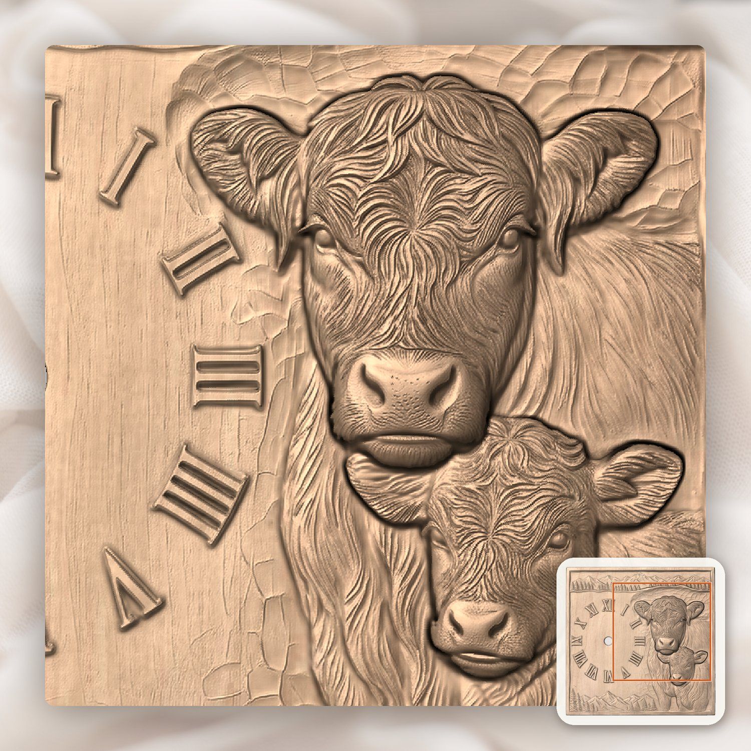 Highland  Cow and Calf Clock CNC Relief STL bas-relief STL — view 5