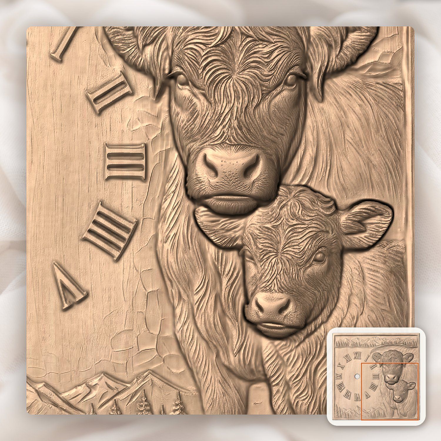 Highland  Cow and Calf Clock CNC Relief STL bas-relief STL — view 6