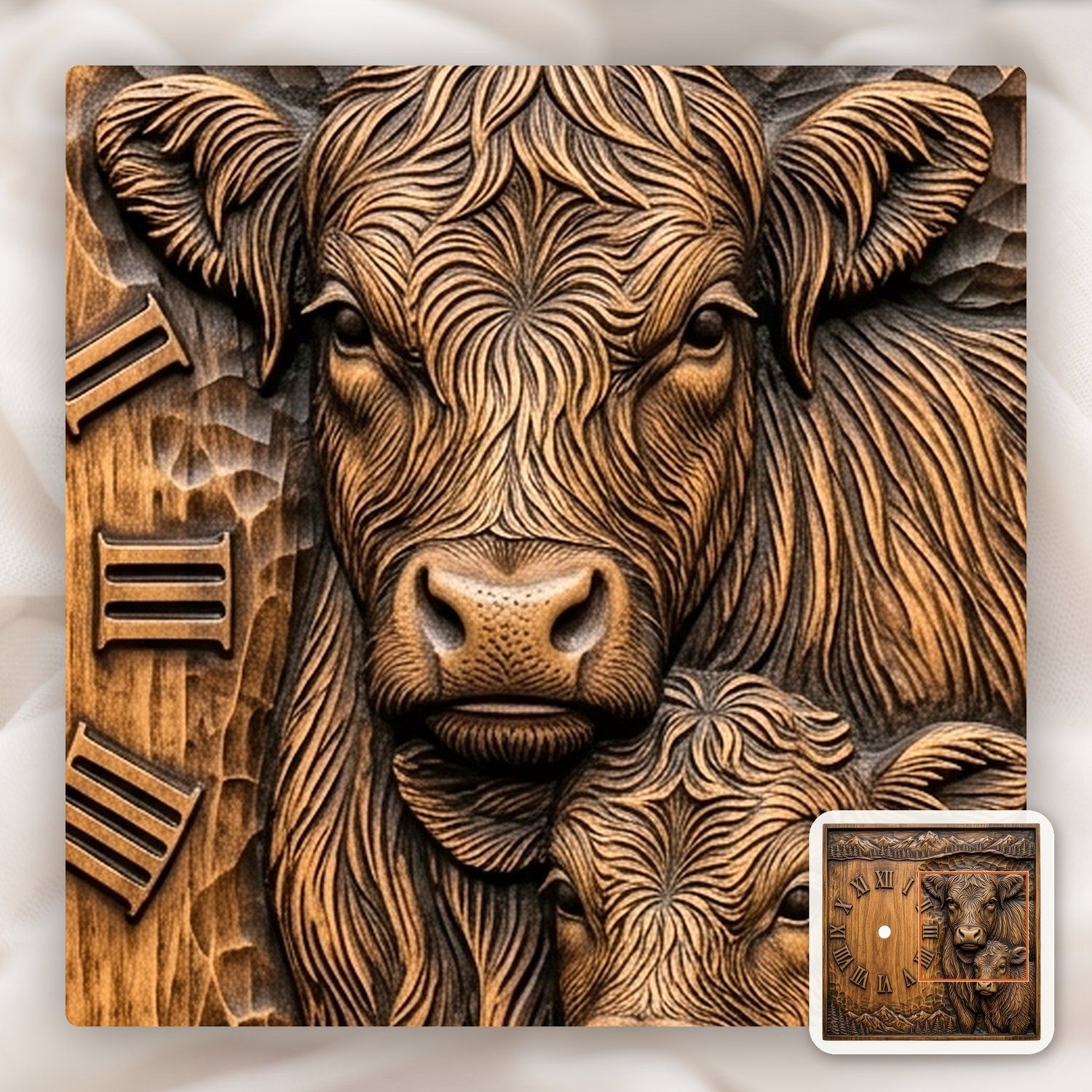 Highland  Cow and Calf Clock CNC Relief STL bas-relief STL — view 9