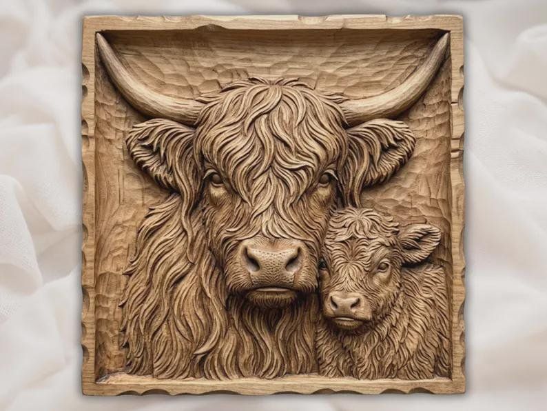 Highland Galloways Cow and Calf CNC Relief STL bas-relief STL — view 12