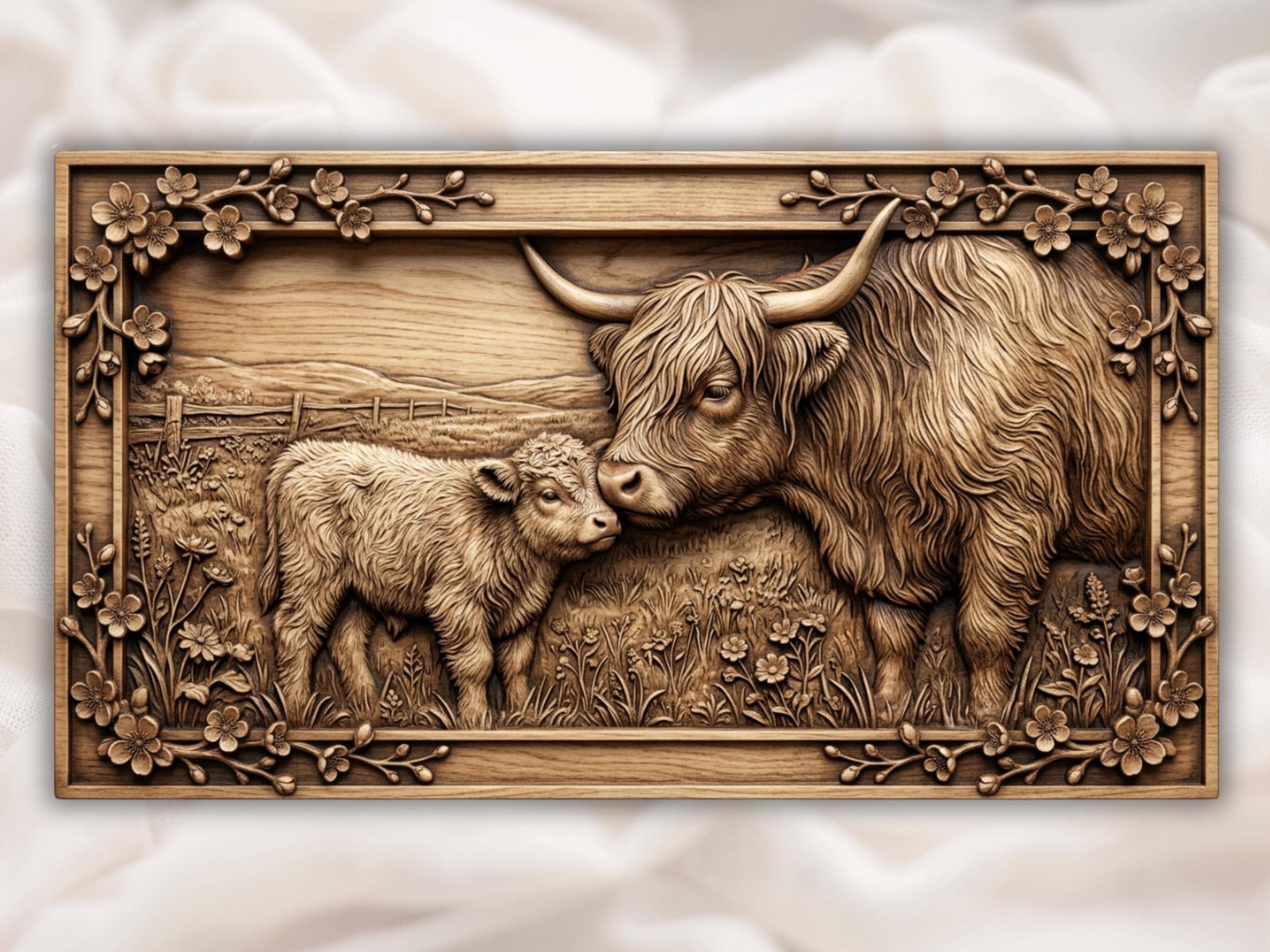 Highland Cow and Calf CNC STL File, Mother Nuzzling Baby Bas Relief, 3D Model for Wood Carving, Vectric Aspire ArtCAM, Farmhouse Decor bas-relief STL file for CNC router, laser engraver & 3D printing