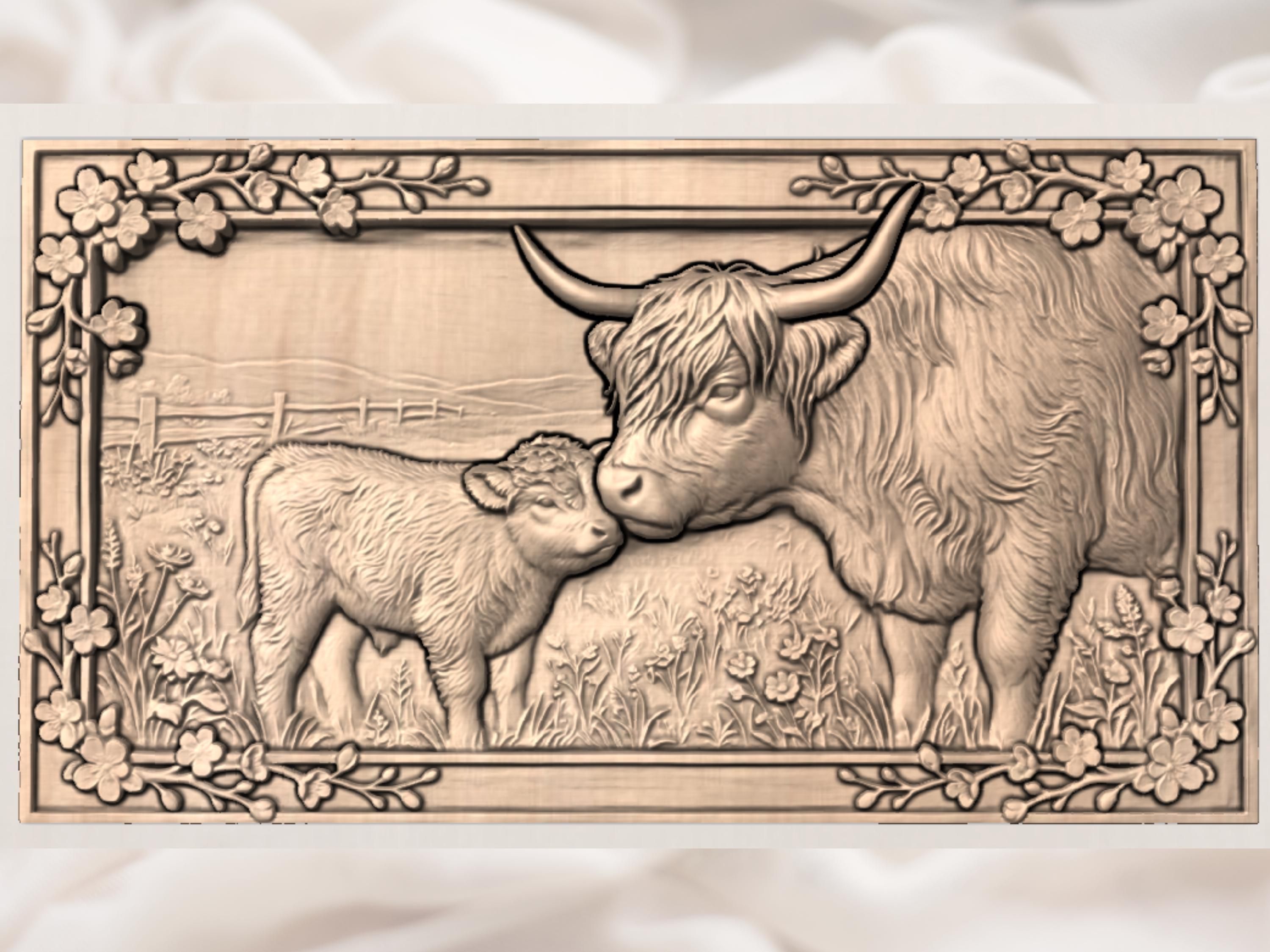 Highland Cow and Calf CNC STL File, Mother Nuzzling Baby Bas Relief, 3D Model for Wood Carving, Vectric Aspire ArtCAM, Farmhouse Decor bas-relief STL — view 2