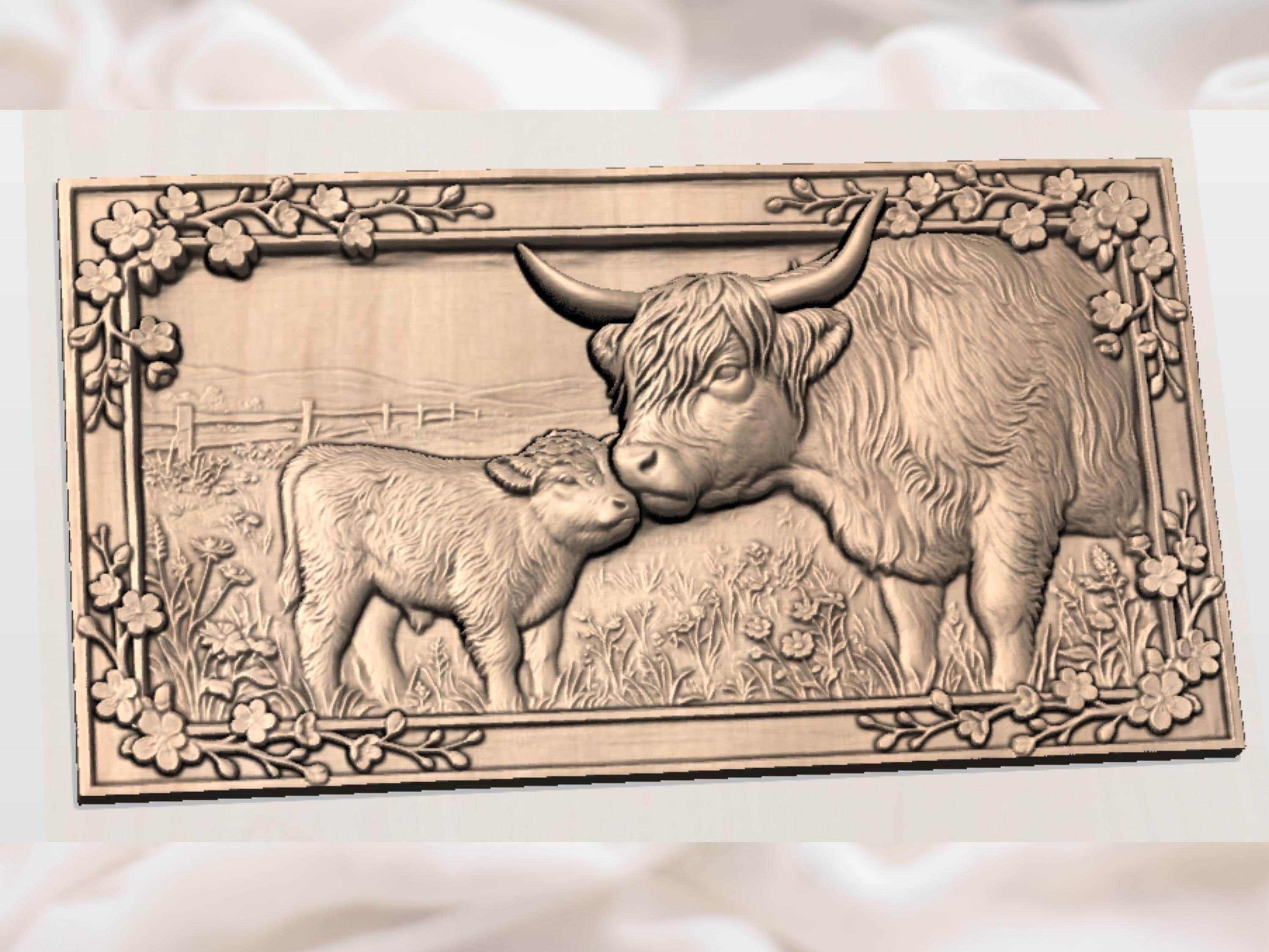 Highland Cow and Calf CNC STL File, Mother Nuzzling Baby Bas Relief, 3D Model for Wood Carving, Vectric Aspire ArtCAM, Farmhouse Decor bas-relief STL — view 3