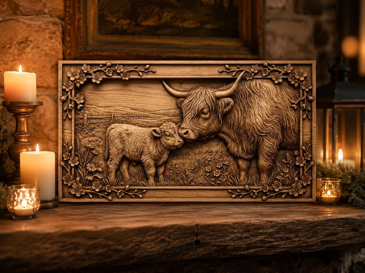Highland Cow and Calf CNC STL File, Mother Nuzzling Baby Bas Relief, 3D Model for Wood Carving, Vectric Aspire ArtCAM, Farmhouse Decor bas-relief STL — view 4