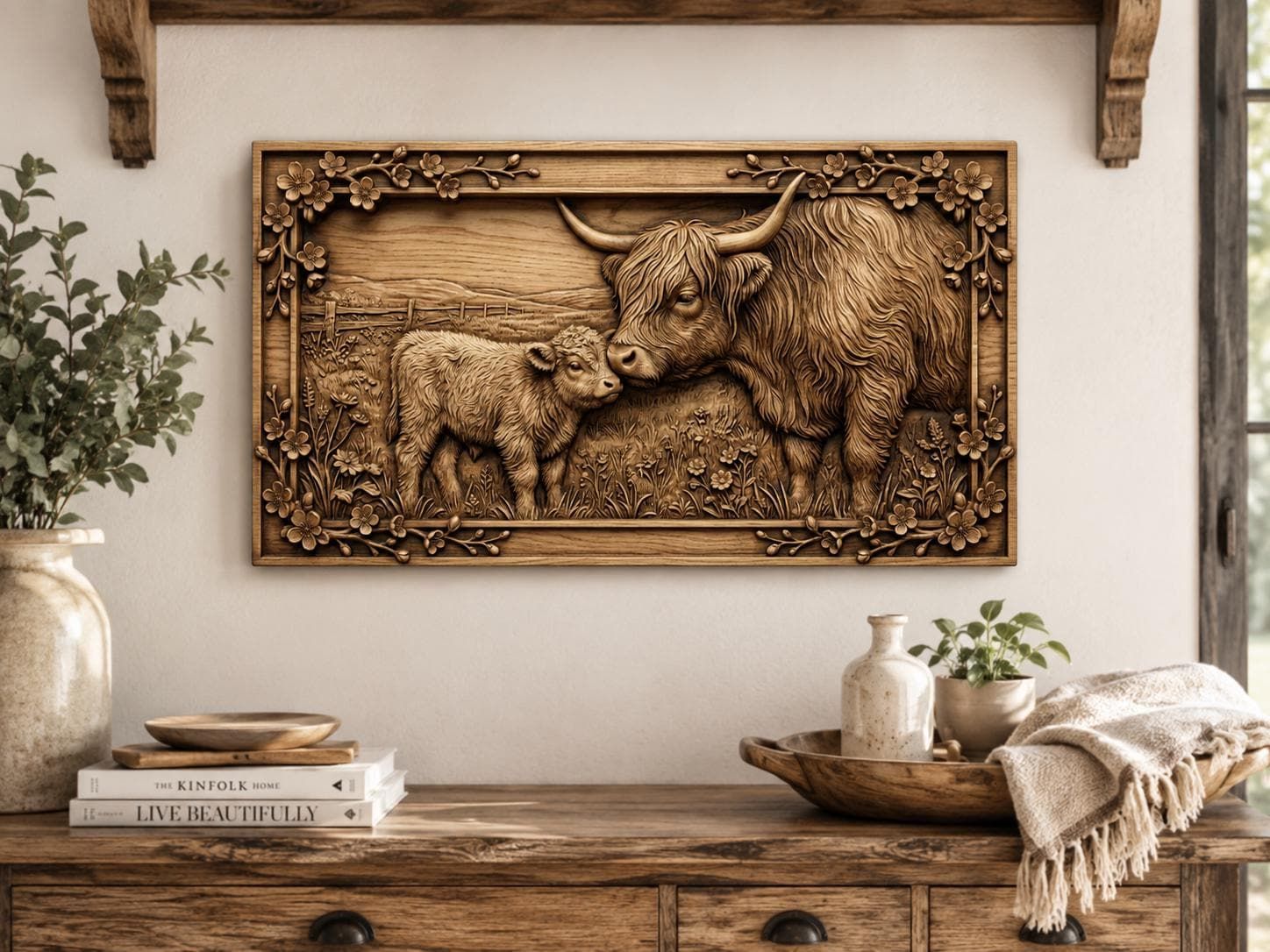 Highland Cow and Calf CNC STL File, Mother Nuzzling Baby Bas Relief, 3D Model for Wood Carving, Vectric Aspire ArtCAM, Farmhouse Decor bas-relief STL — view 6