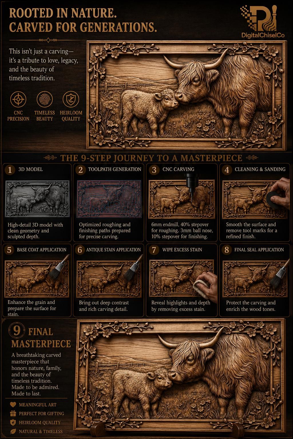 Highland Cow and Calf CNC STL File, Mother Nuzzling Baby Bas Relief, 3D Model for Wood Carving, Vectric Aspire ArtCAM, Farmhouse Decor bas-relief STL — view 8