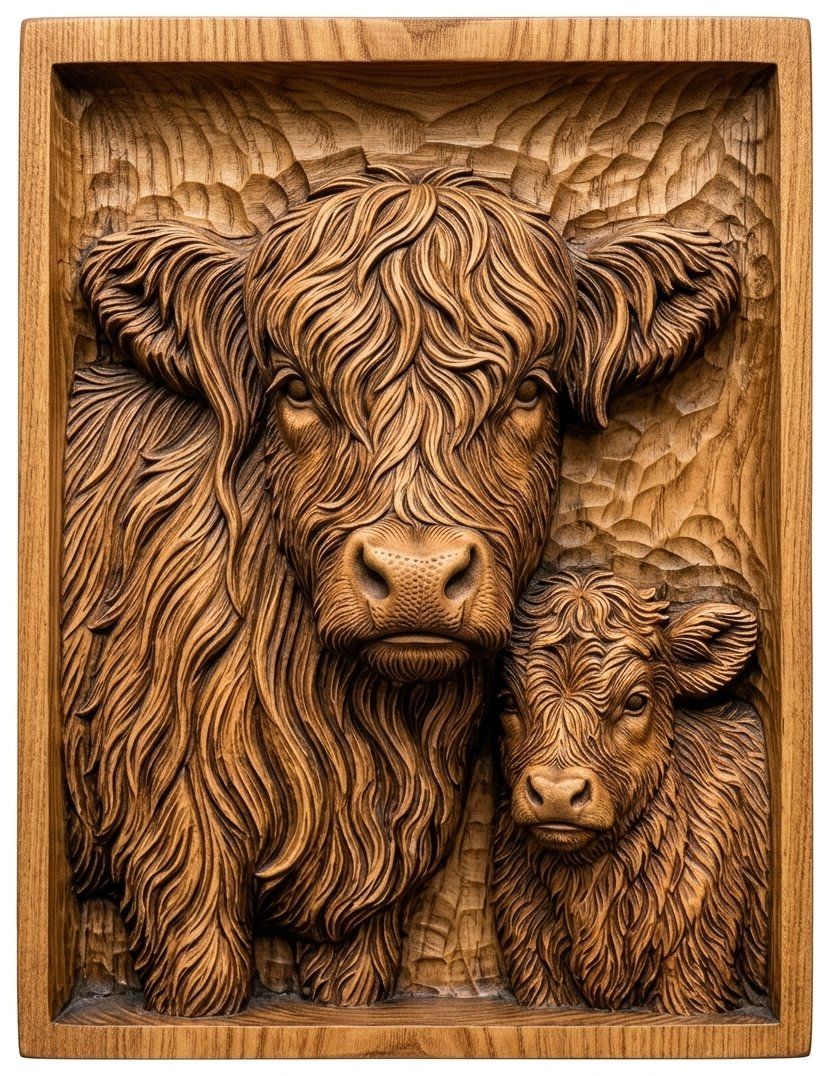 Highland Cow and Calf Family CNC Relief STL bas-relief STL — view 13