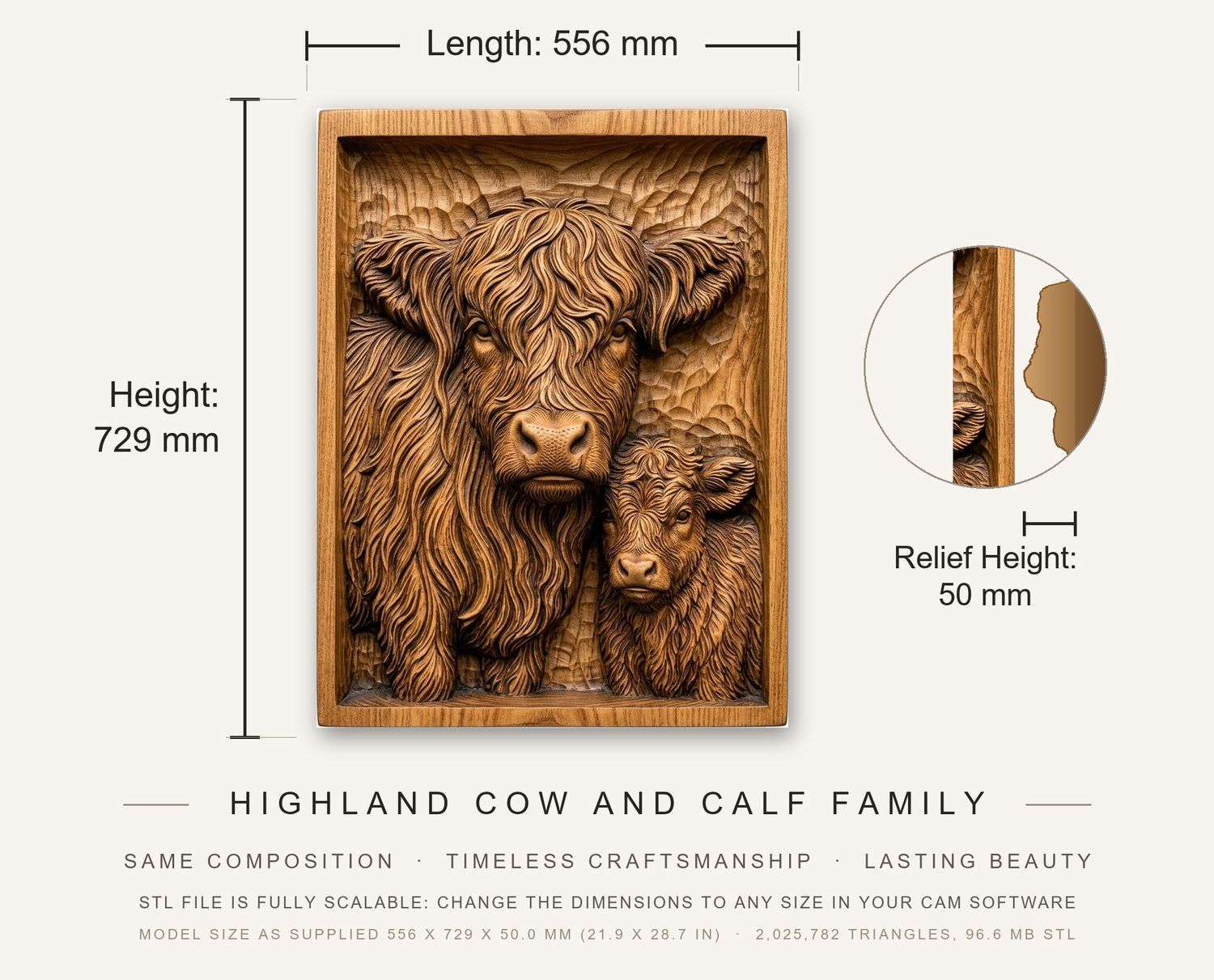 Highland Cow and Calf Family CNC Relief STL bas-relief STL — view 3