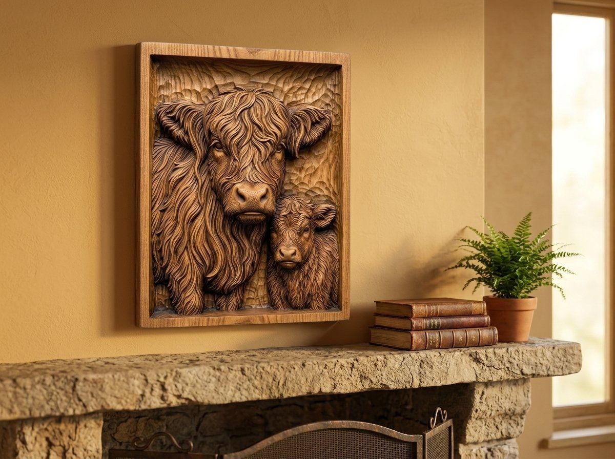 Highland Cow and Calf Family CNC Relief STL bas-relief STL — view 14