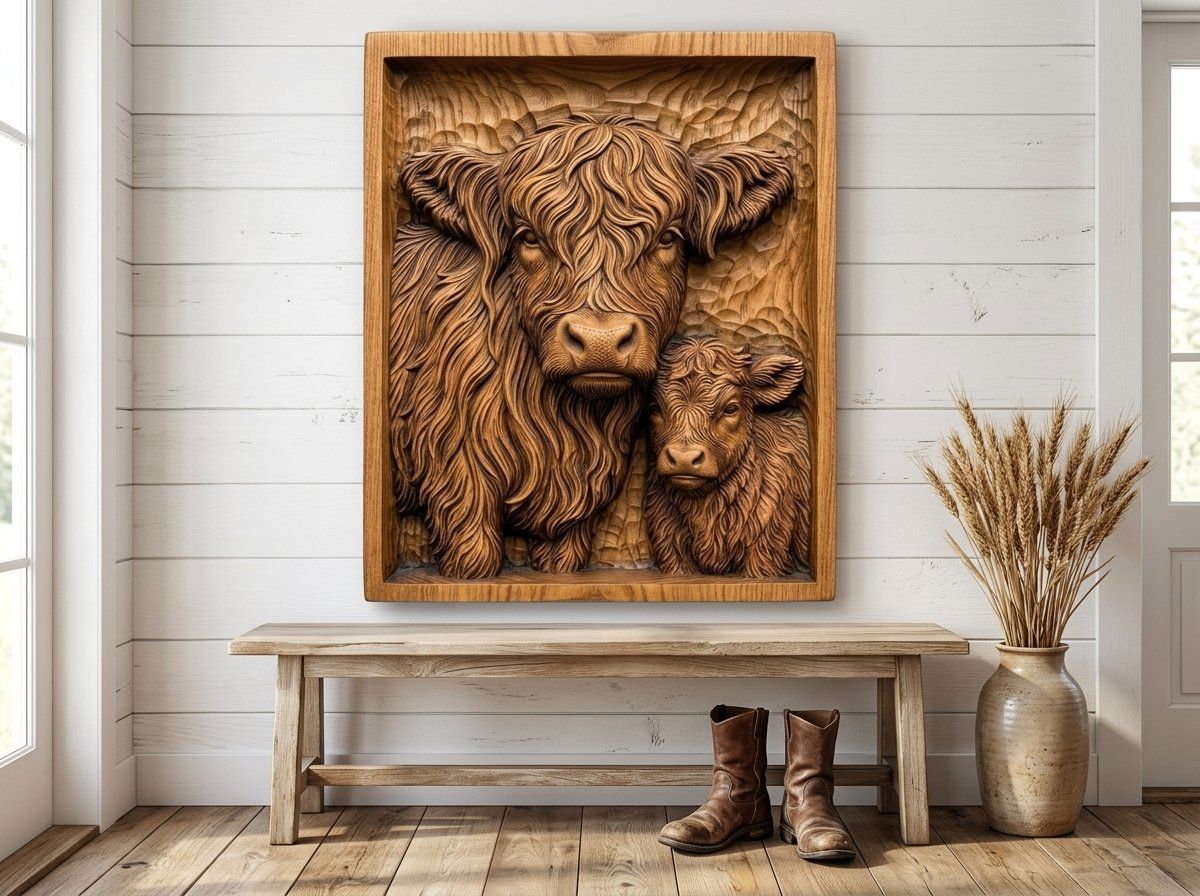 Highland Cow and Calf Family CNC Relief STL bas-relief STL — view 15