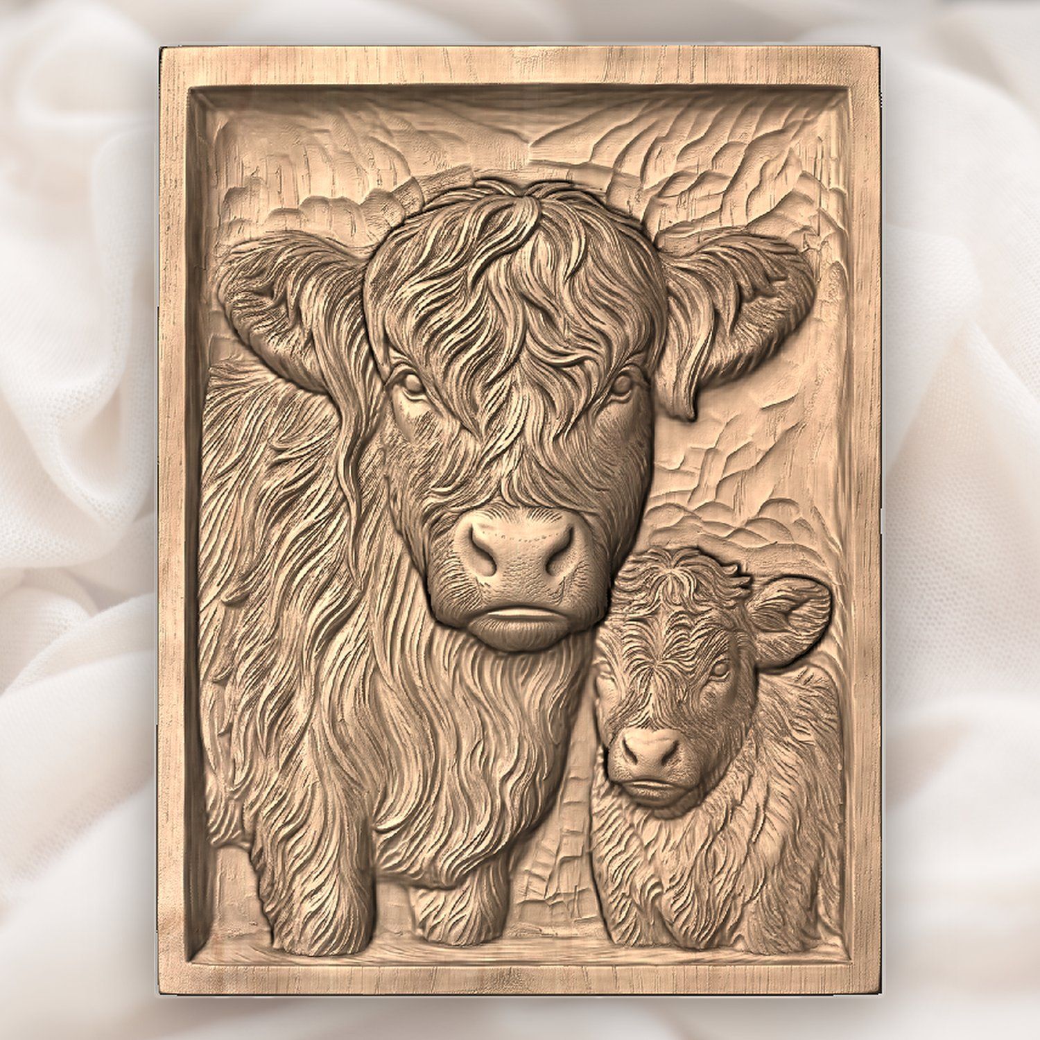 Highland Cow and Calf Family CNC Relief STL bas-relief STL — view 4